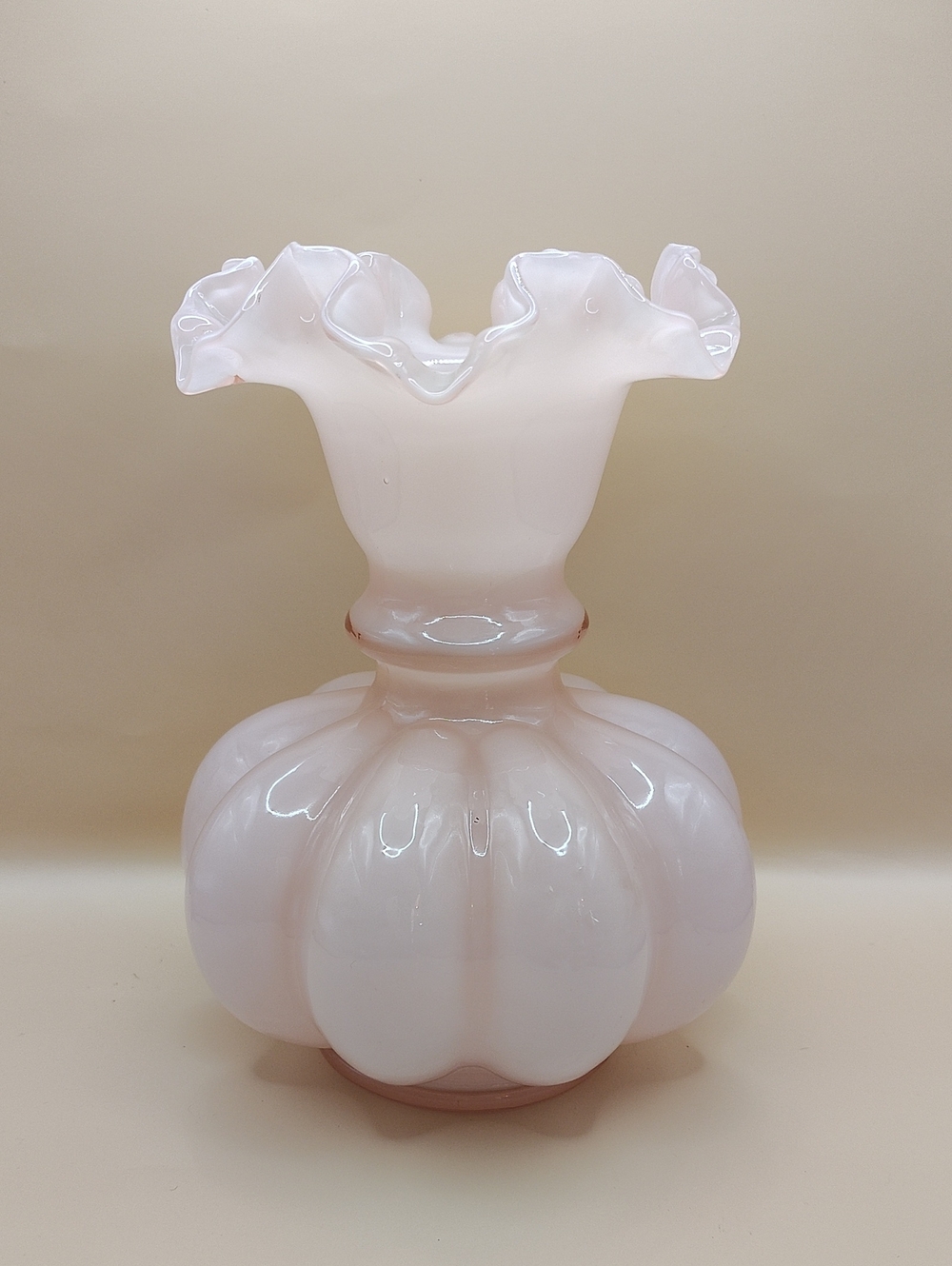 Fenton Art Glass Dusty Rose Pink Encased Overlay Melon Vase Ruffle Top 8"